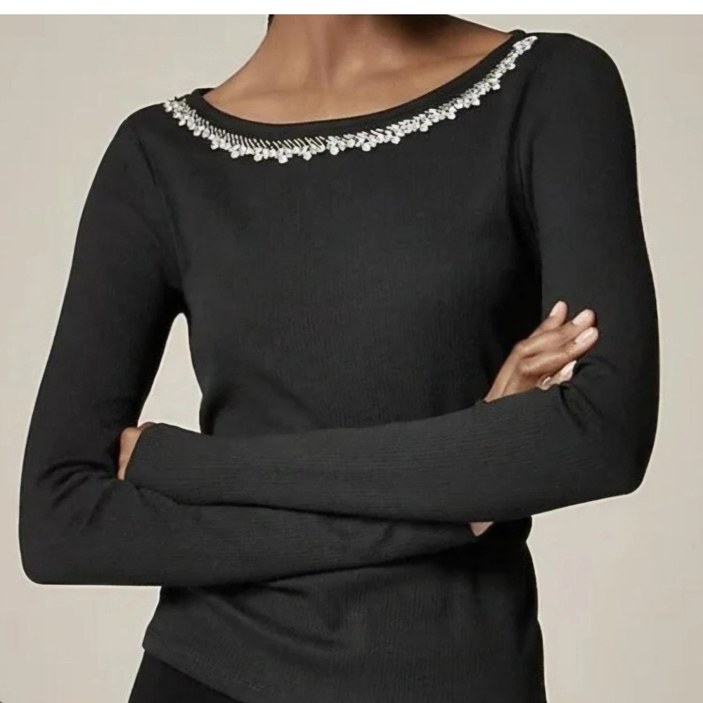 J.Crew Vintage Rib Boatneck Tee With Embellishments WMNS S Black White CF289 LS